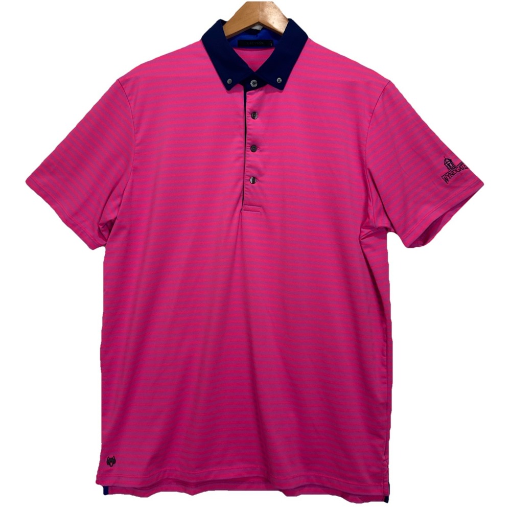 Greyson‎ Polo Shirt Men L Hot Pink Navy Striped Droptail Hem Stretch Golf Shirt